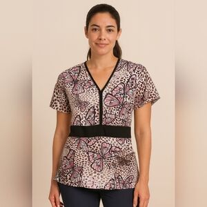 Pink Butterfly Print V-Neck Scrub Top